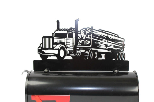 Black log truck custom mailbox topper installed on a mailbox.