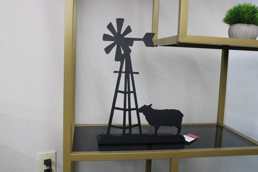 Black powder coat windmill and sheep metal tabletop stand