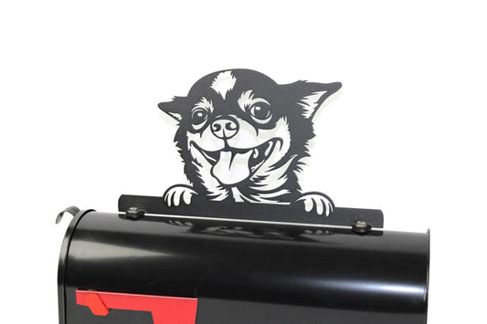 Black chihuahua dog mailbox topper installed on a mailbox.