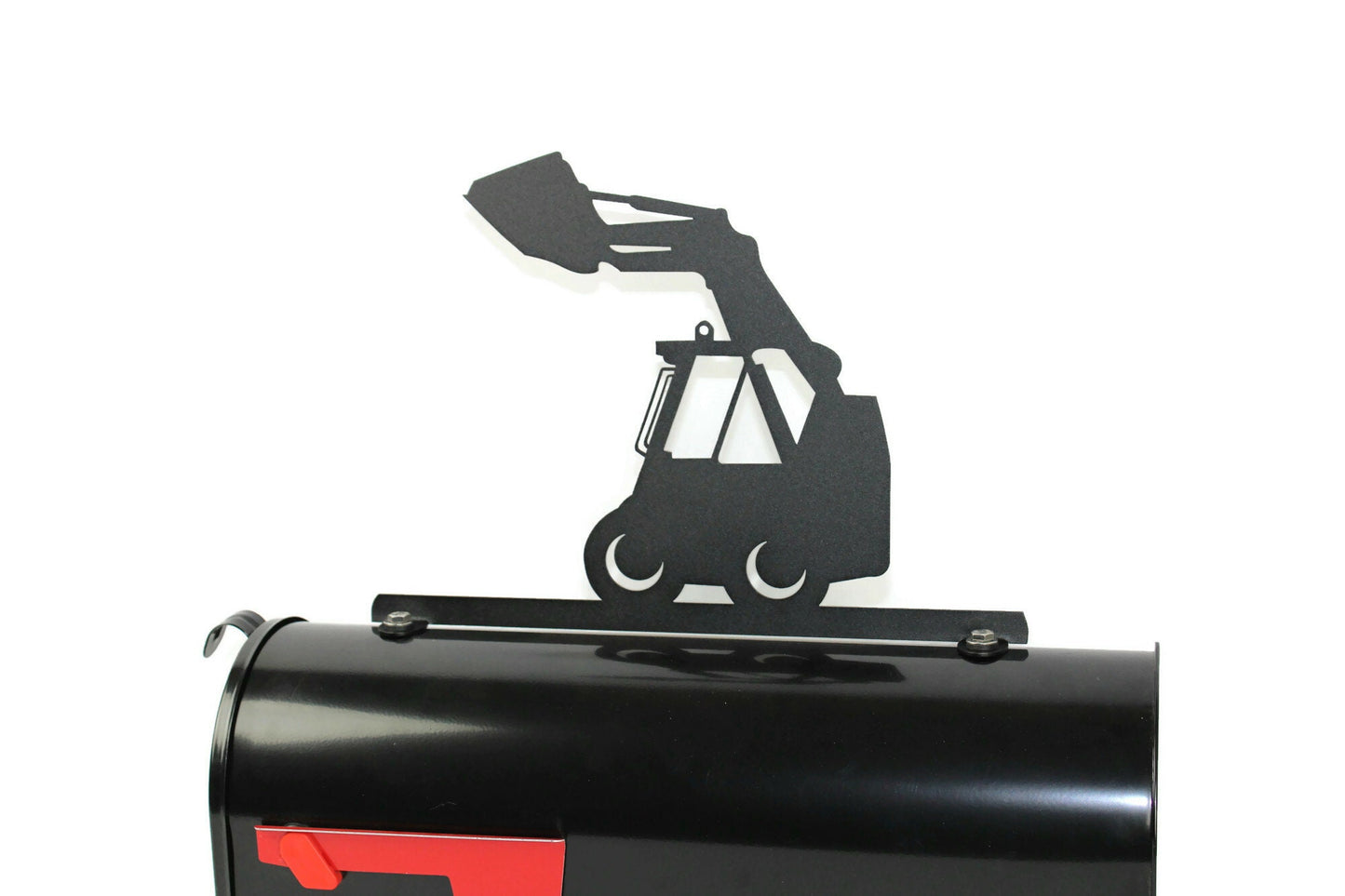 Black skid loader mailbox topper installed on a mailbox