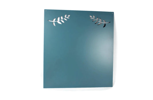 Light blue powder coat metal magnet message board with leaf pattern