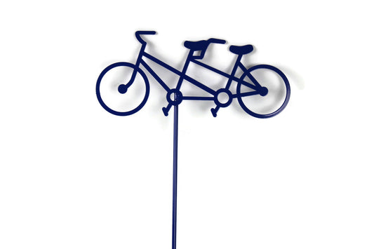 Tandem bicycle metal garden stake in blue powder coat