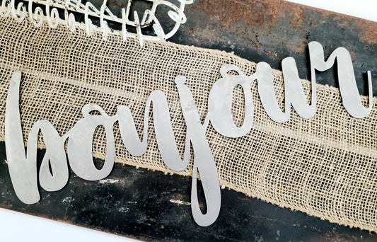 bonjour metal script word sign in raw steel