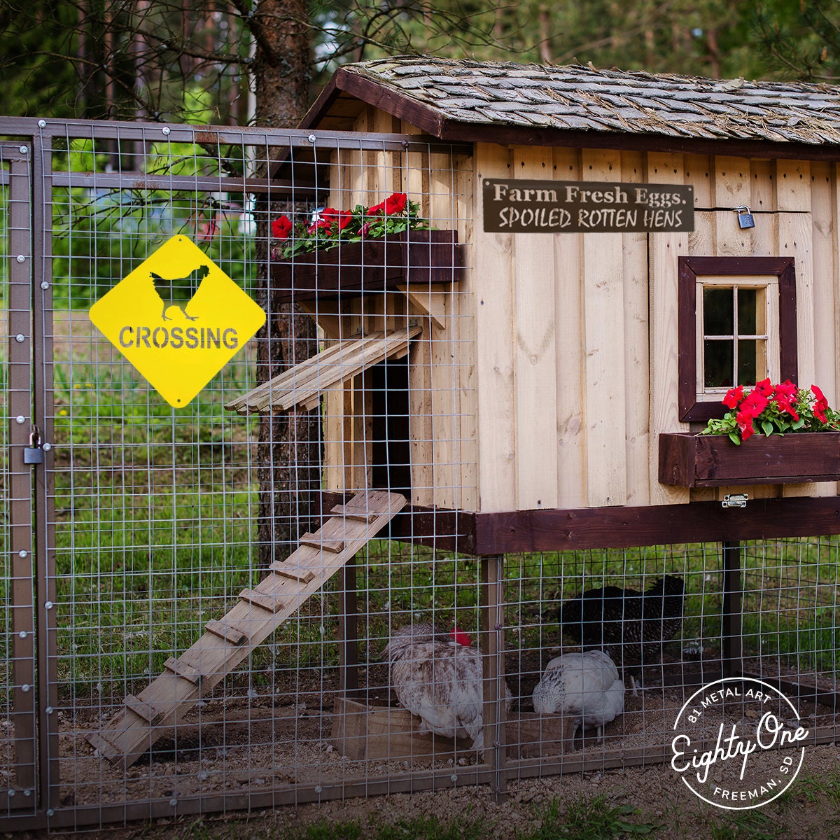 Chicken crossing hanging sign in yellow powder coat hung on a chicken coop