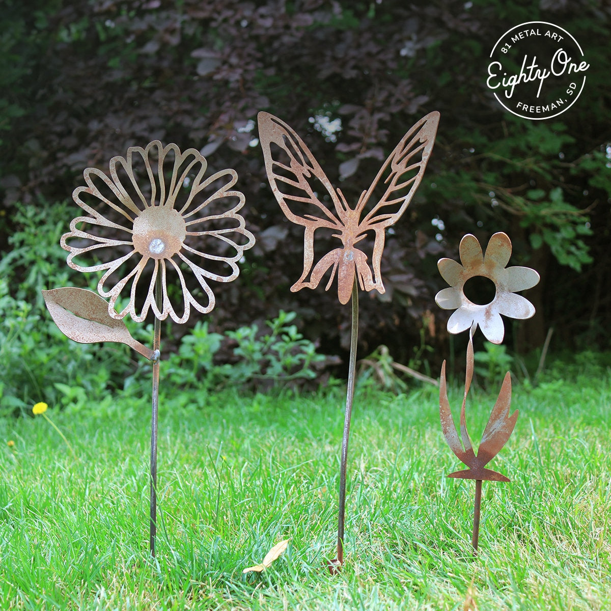 Metal Garden Stake Yard Art Gift Set - Butterfly, Daisy and Twisted Daisy up to 23" Tall