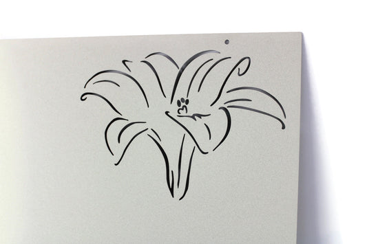 Oatmeal powder coat metal message magnet board with lily pattern close up