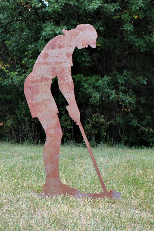 Extra large metal lady golfer garden stake in rust