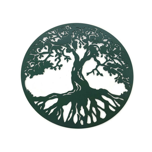 Dark green powder coat tree of life circle metal wall sign