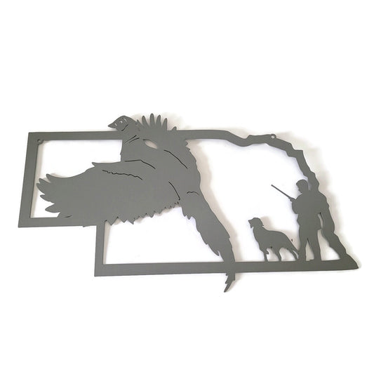 Nebraska shaped metal wall art with pheasant, hunter, and a dog in gray powder coat
