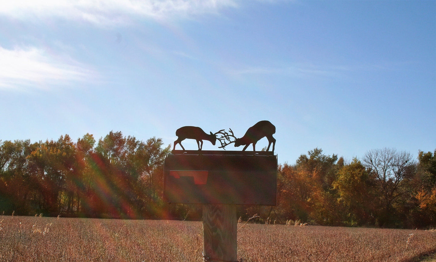 Black fighting deer mailbox topper with address installed on a mailbox.