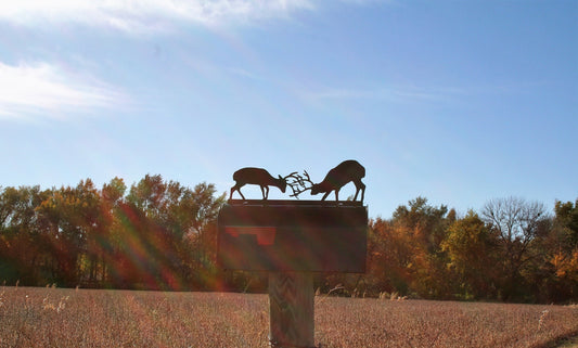 Black fighting deer mailbox topper with address installed on a mailbox.