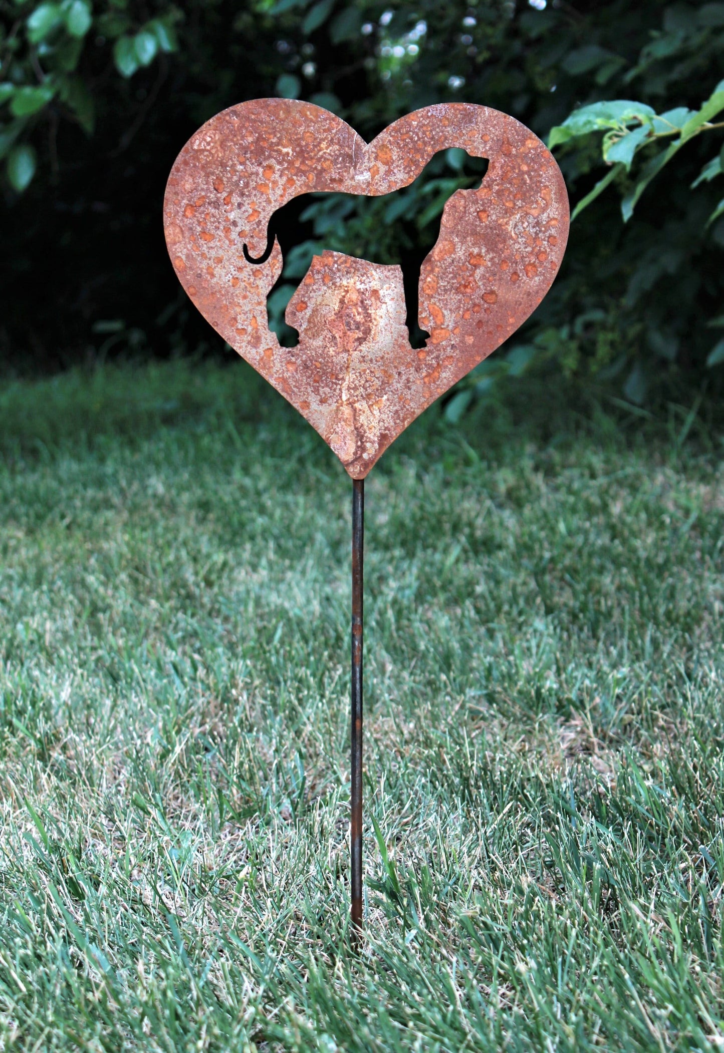 Custom heart-shaped rusty garden stake sign in rust with a great dane dog silhouette
