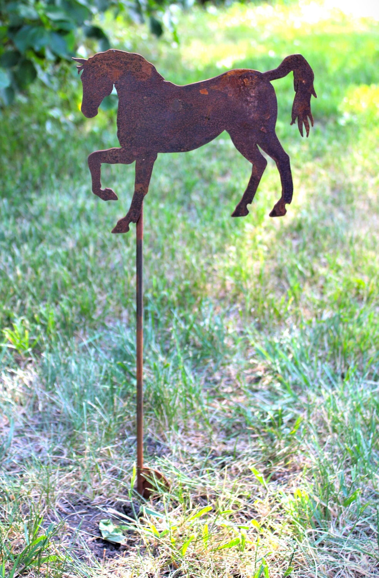 Prancing horse rusty metal garden stake