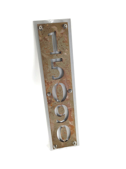 Rust over aluminum vertical metal layered address sign