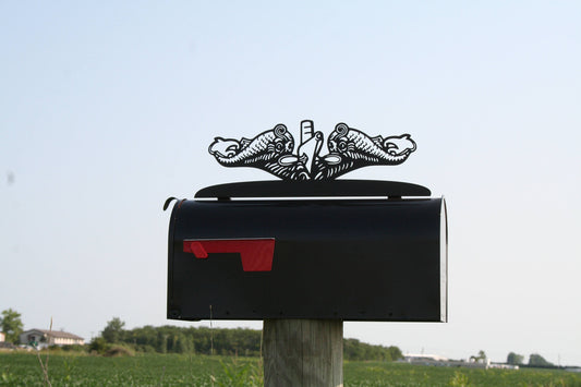 Black powder coat submarines Dolphins Navy service pin metal mailbox topper installed on a mailbox