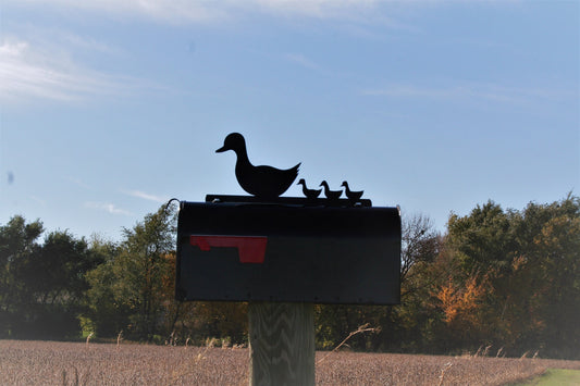 Black duck and ducklings mailbox topper installed on a mailbox.