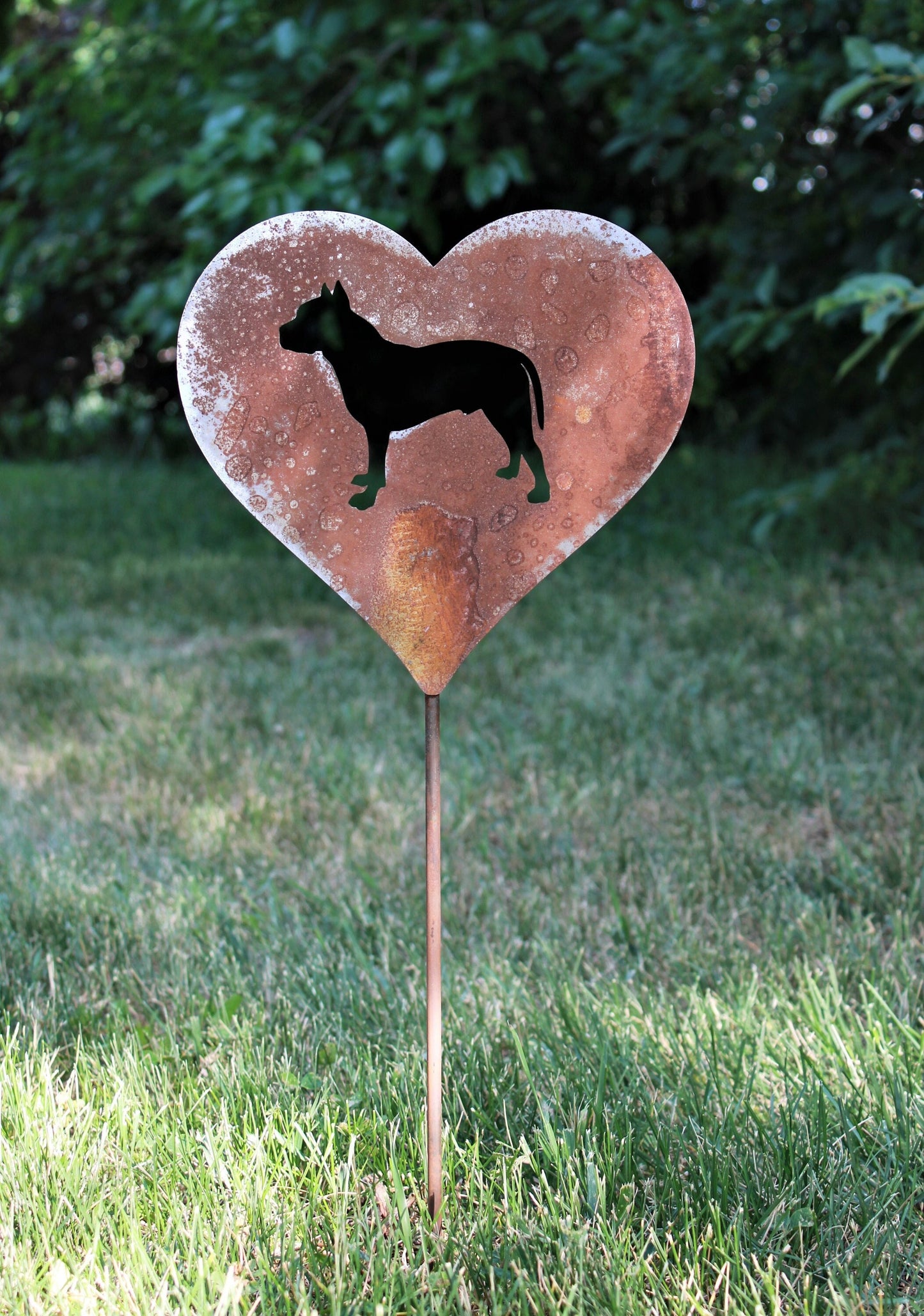 Pit Bull Terrier Dog Metal Heart Pet Memorial Stake 20 to 28 Inches Tall
