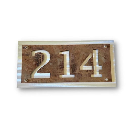 Rust over aluminum metal layered address sign
