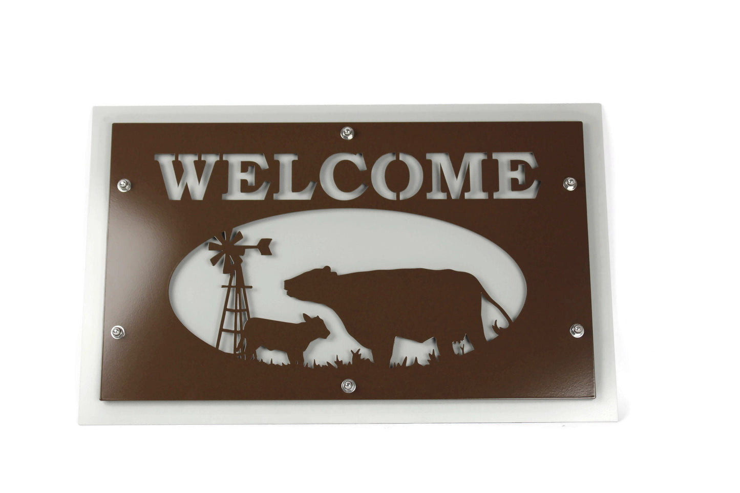 Brown over light gray layered cattle welcome sign
