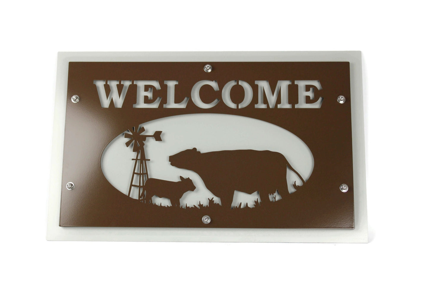 Brown over light gray layered cattle welcome sign
