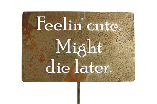 Feelin Cute Might Die Later rusty garden stake sign