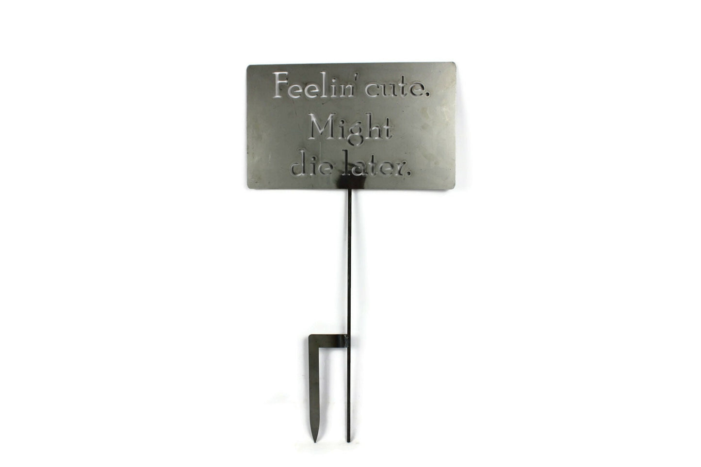 Feelin Cute Might Die Later large raw steel garden stake sign