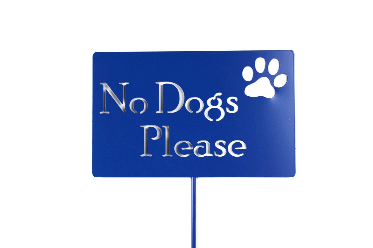 No Dogs Please blue powder coat garden stake sign