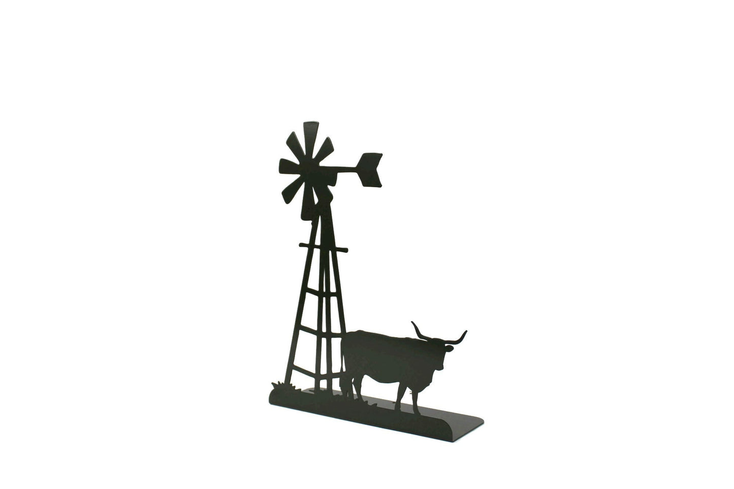 Windmill and Longhorn Cow Tabletop Metal Home Decor 14.75 Inches Tall
