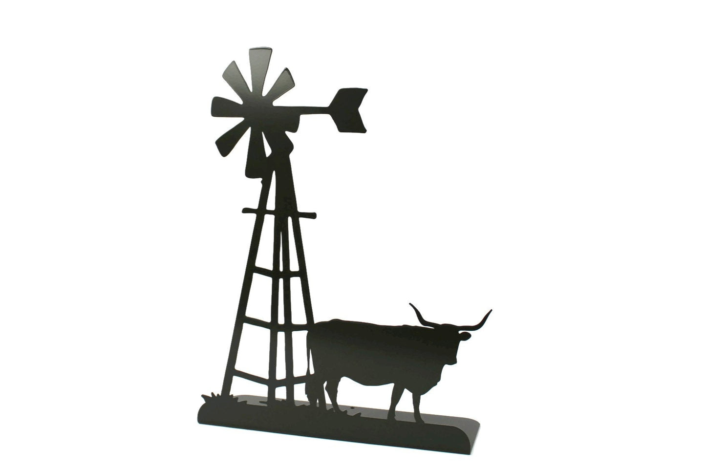 Dark gray powder coat windmill and longhorn metal tabletop stand