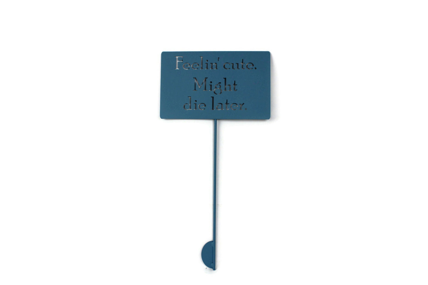 Feelin Cute Might Die Later light blue powder coated garden stake sign
