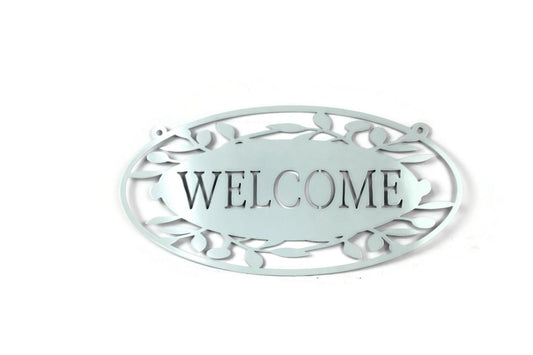 Mint white powder coat welcome leaf pattern metal wall sign