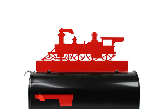 Red train engine custom mailbox topper installed on a mailbox