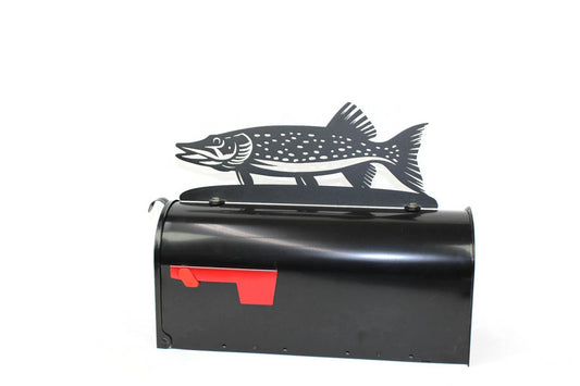 Black pike fish mailbox topper installed on a mailbox