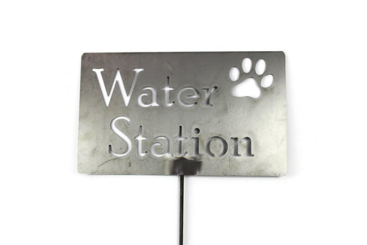 water station with paw raw steel garden stake sign