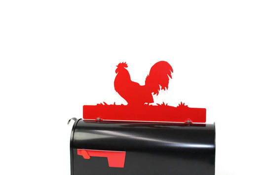 Red rooster custom mailbox topper installed on a mailbox