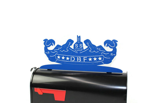 Blue powder coat Diesel Boats Forever metal mailbox topper installed on a mailbox