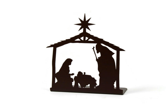 Hammered dark brown powder coat metal nativity scene tabletop stand