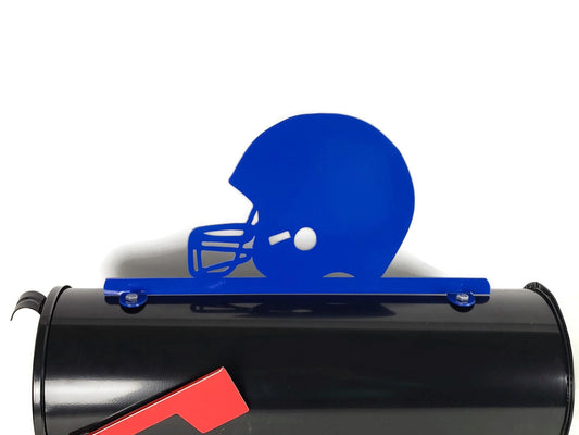 Blue football helmet mailbox topper installed on a mailbox