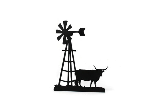 Black powder coat windmill and longhorn metal tabletop stand