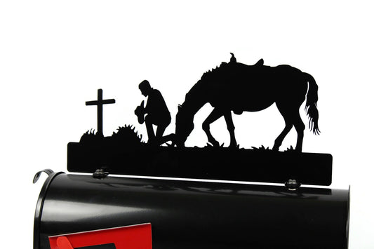 Black praying cowboy with horse custom mailbox topper installed on a mailbox