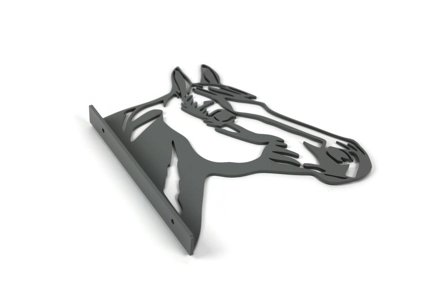 Gray powder coat metal horse peek a boo sign close up