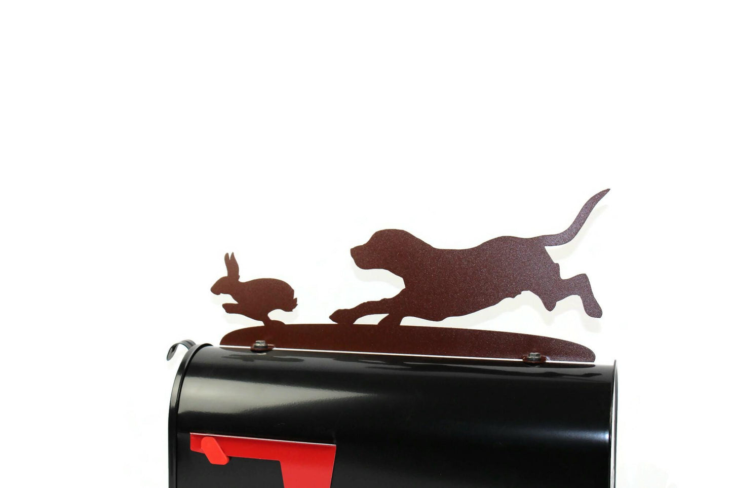 Hammered brown beagle and rabbit mailbox topper installed on a mailbox.