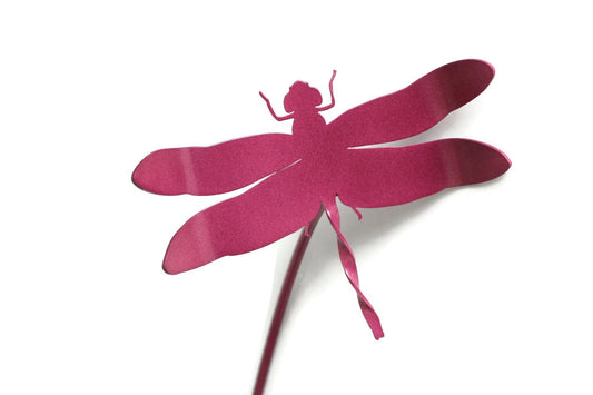 Metal dragonfly garden stake in metallic berry powder coat