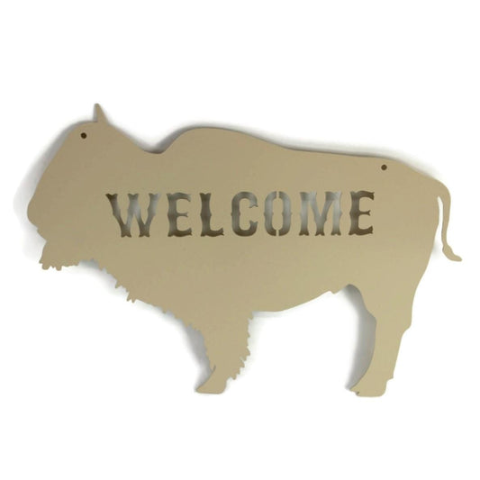 Buffalo shaped metal welcome sign in cream powder coat