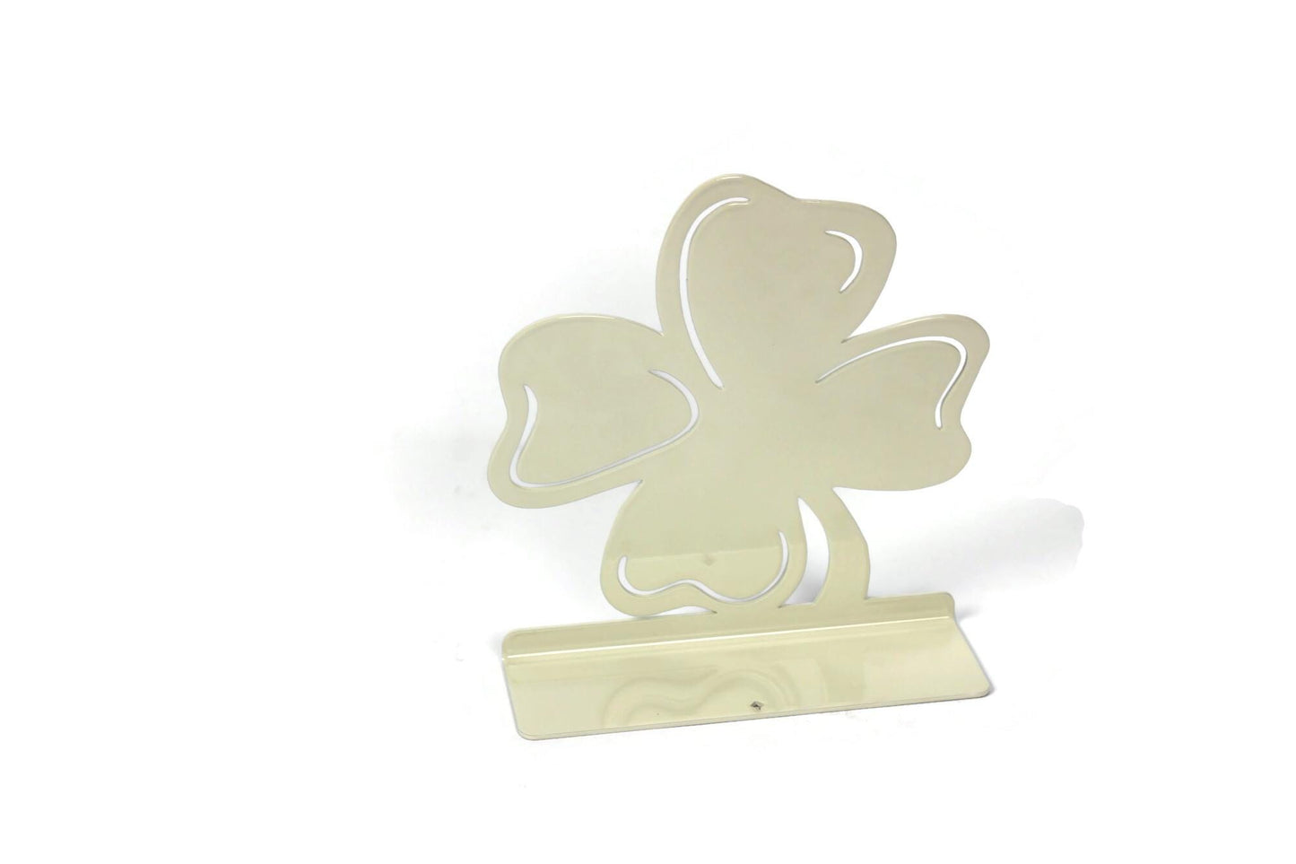Irish shamrock metal tabletop stand in cream powder coat back side