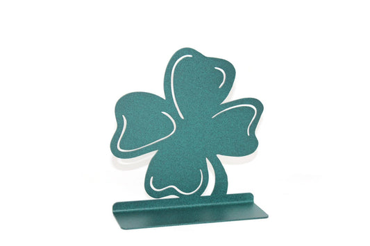 Irish shamrock metal tabletop stand in copper patina green powder coat back side