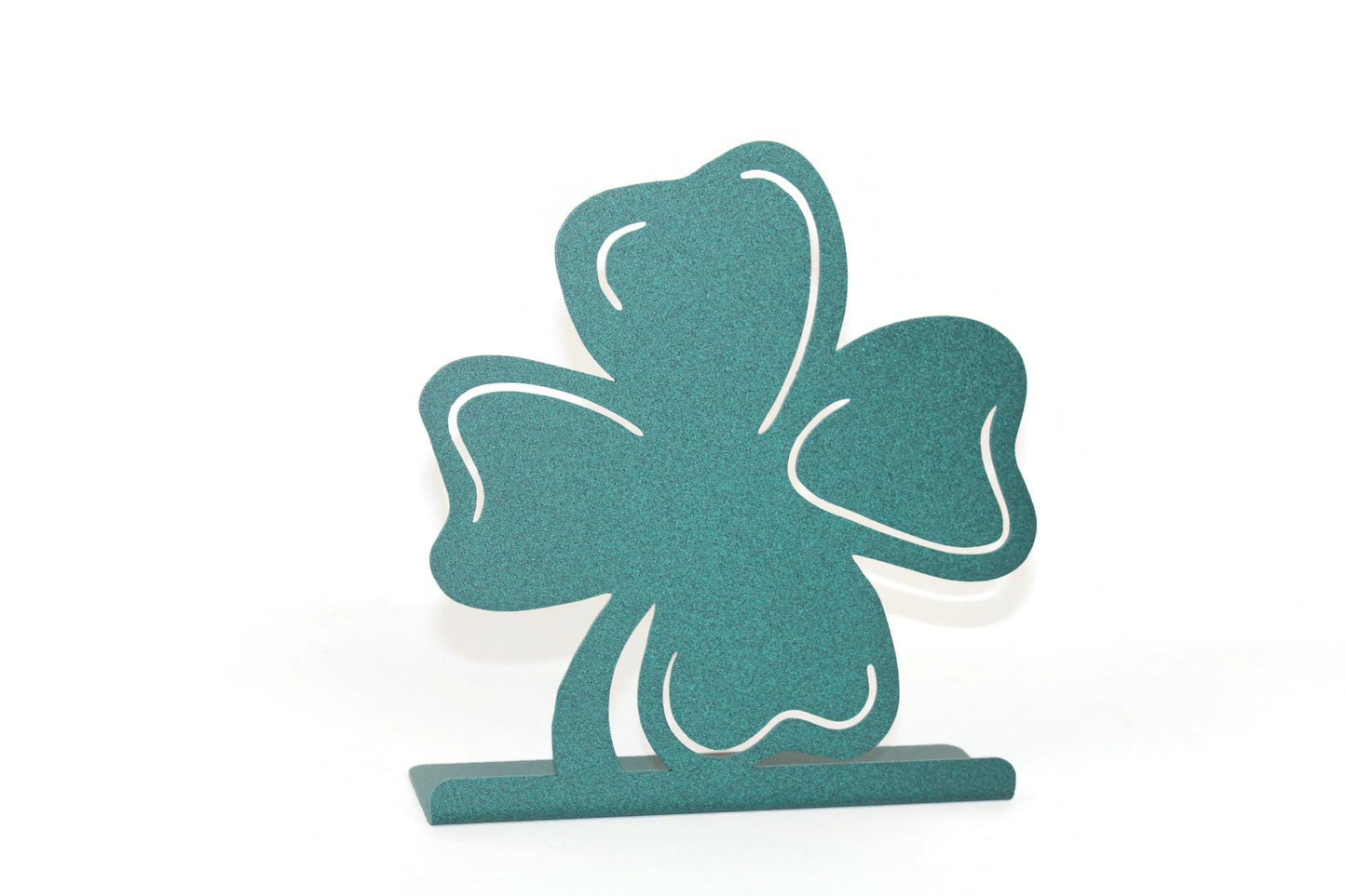 Irish shamrock metal tabletop stand in copper patina green powder coat