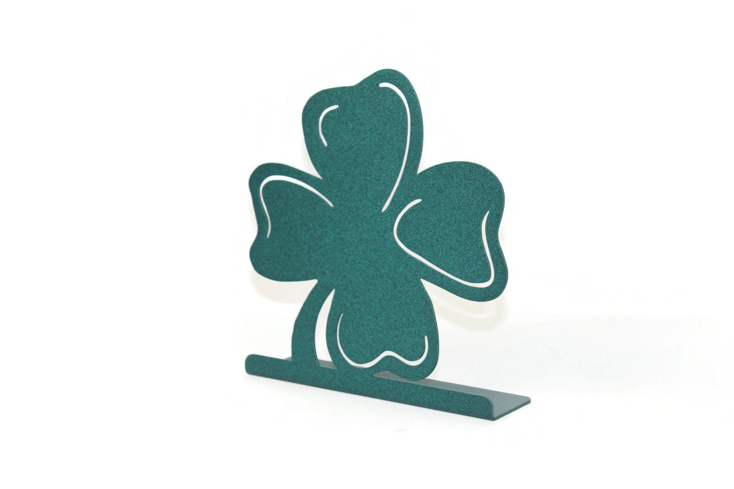 Irish shamrock metal tabletop stand in copper patina green powder coat