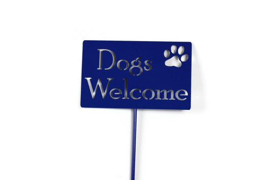 Dogs Welcome blue powder coated garden stake sign
