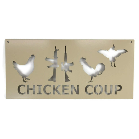 Cream powder coat metal hanging chicken sign with silhouettes of hens, chicks, roosters, and a rifle gun with text saying Chicken Coup